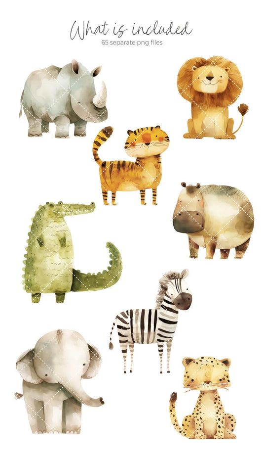 Safari Watercolor Clipart | Nursery Animal Clipart for Baby Shower - Cute Animals - Watercolor Animals - Baby Animal Decor - Scrapbooking