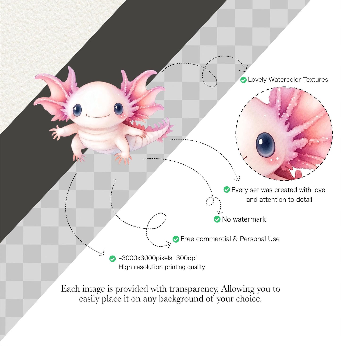 Axolotl Dreams Cliparts for Creative Project, Sea Animal Graphics, Nursery Wall Art, Card Making, Scrapbooking, Sublimation, Ephemera, PNG