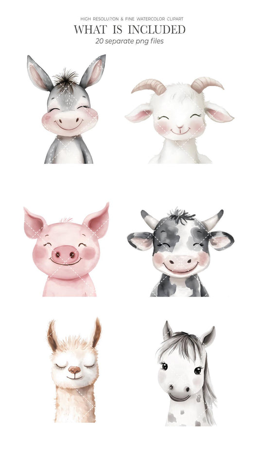 Watercolor Farm Portraits Clipart, Cute Animals Clipart, Baby Animals, Baby Shower Clipart, Farm Nursery, Boho Farm Cottage core Animals
