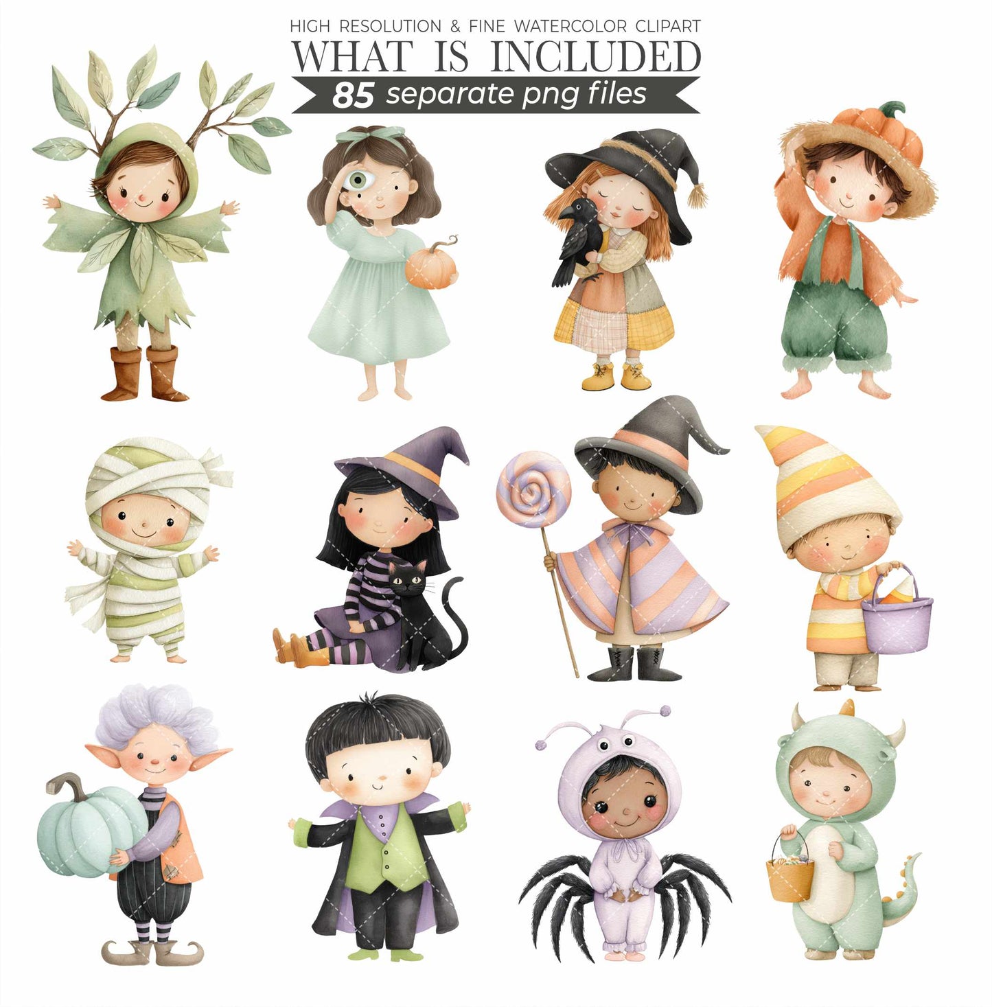 Watercolor Cute Halloween Clipart Set, Spooky PNG, Witch Clip Art, Ghosts, Black Cat, Frankenstein, Mummy, Boo Clipart, Digital Download