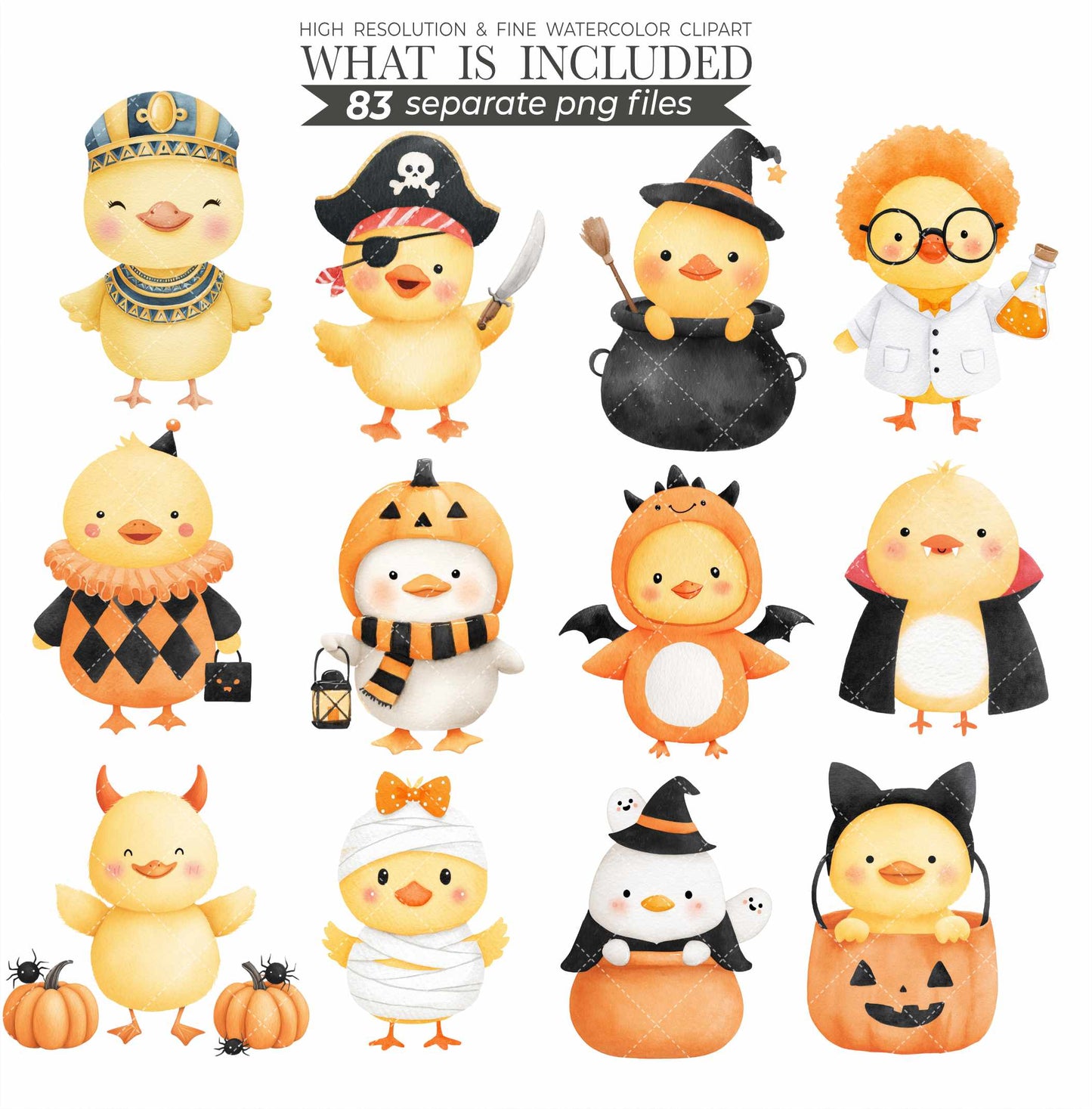 Halloween Duckling Clipart Bundle: Watercolor Costume Ducks (Digital Download, Commercial Use, 83 PNGs)