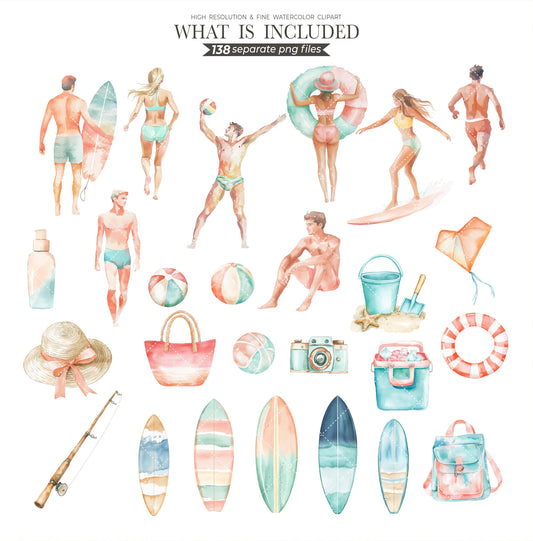 Watercolor Beach Day Clipart, Summer Clipart, Tropical Clipart, Beach Holiday Clipart, Ocean Clipart, Cute Seaside Clipart, Vacation, PNG