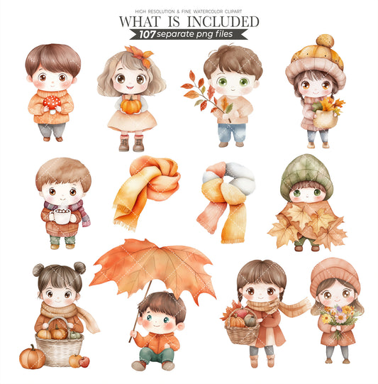 Fall Clipart Cute Cottagecore Autumn Animals Florals Watercolor Rustic Whimsical Gingham Polka Dots Nursery Kids Clipart Commercial Use