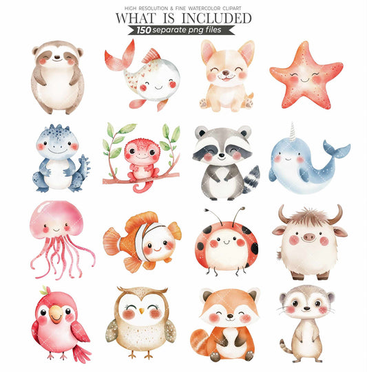 Watercolor Cute Animals Clipart 150 Cute Animal PNG Watercolor Animals Cute Animal Bundle Baby Animals Printable Animals Clipart Bundle