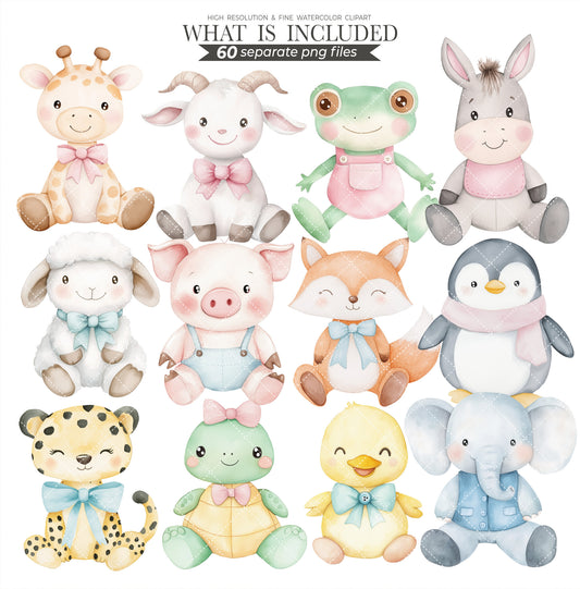 Watercolor Petit Playroom Clipart Set, Grandmillennial Toys PNG, Cute Nursery Decor, Soft Pastel Vintage Baby Animals, Digital Download