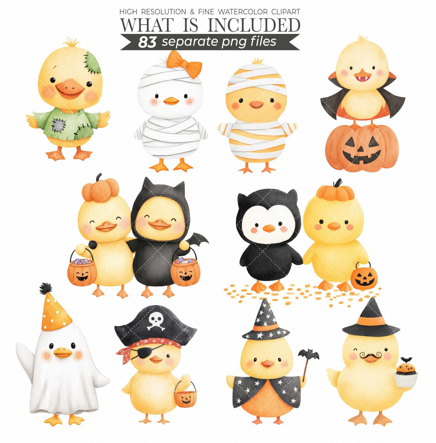 Halloween Duckling Clipart Bundle: Watercolor Costume Ducks (Digital Download, Commercial Use, 83 PNGs)