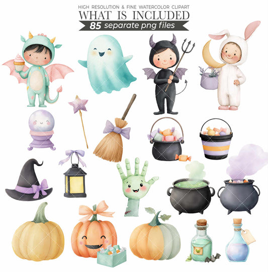 Watercolor Cute Halloween Clipart Set, Spooky PNG, Witch Clip Art, Ghosts, Black Cat, Frankenstein, Mummy, Boo Clipart, Digital Download