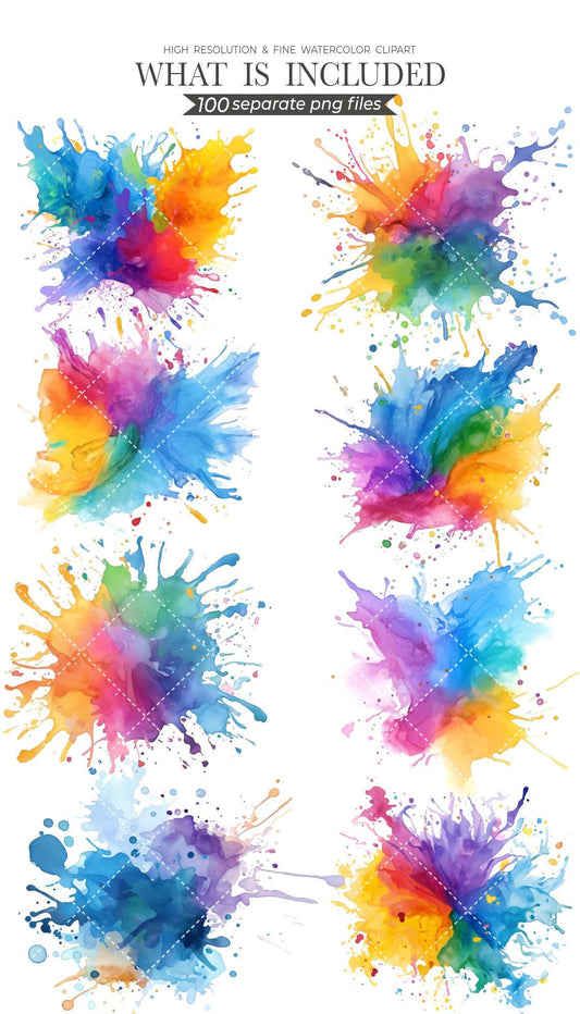 Watercolor Splash Clipart: 100 PNG Paint Splatters (Commercial Use, Instant Download)