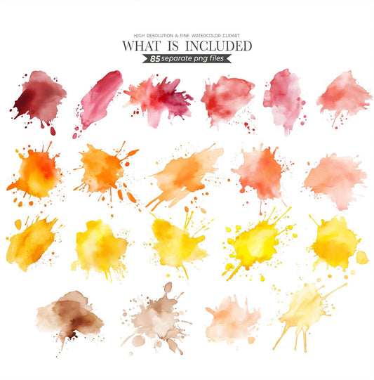 Watercolor Splash Clipart: 85 Colorful PNG Elements (Digital Download)