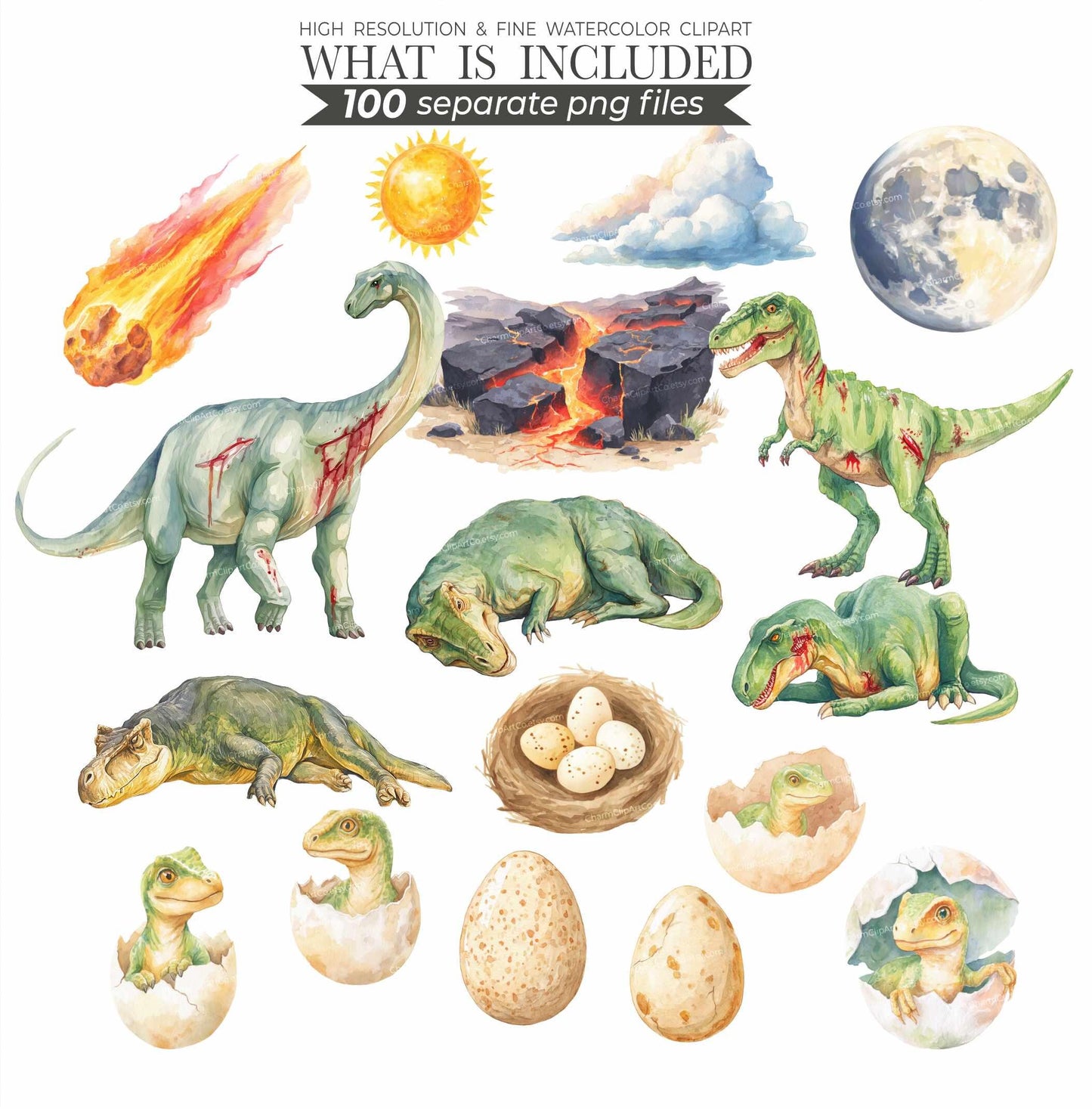 Watercolor Dinosaur Clipart Bundle: Prehistoric Art, 200 PNGs (Digital Download)