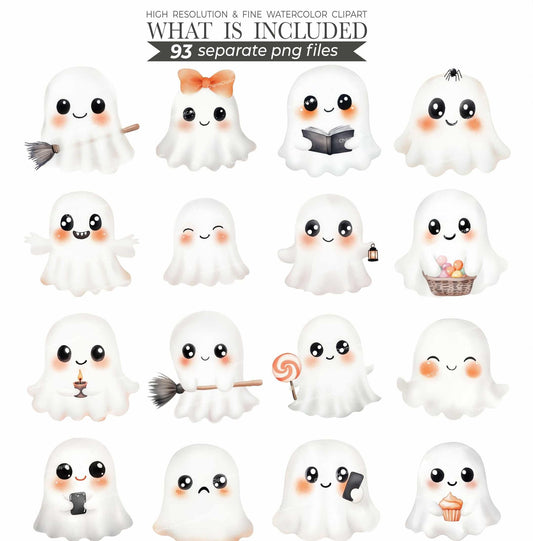 Watercolor Cute Halloween Clipart Bundle, Spooky Ghosts Clip Art, Pumpkin Clipart, Kids Halloween PNG, Cute Little Ghost