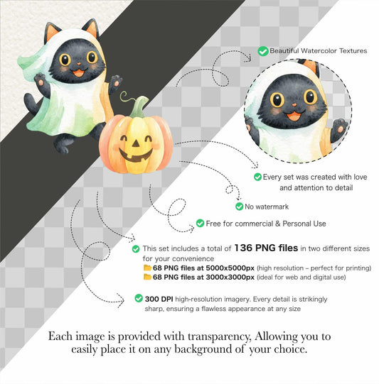 Watercolor Halloween Clipart Bundle: Pastel Ghosts, Pumpkins (PNG Digital Download)