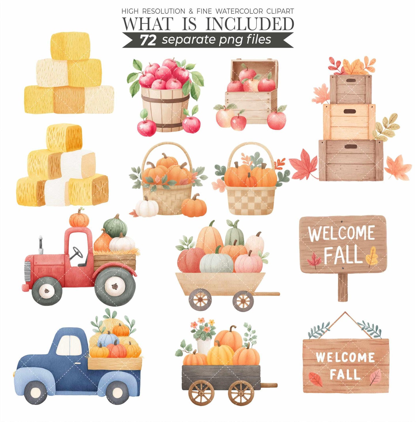 Watercolor Scarecrow Clipart Set: Fall Harvest Illustrations (PNG Files, Commercial Use)