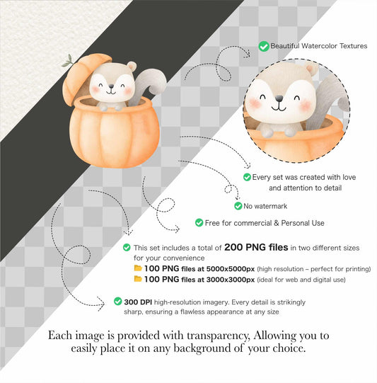 Watercolor Pumpkin Patch Animal Clipart: Fall Harvest PNG (Commercial Use, Digital Download)