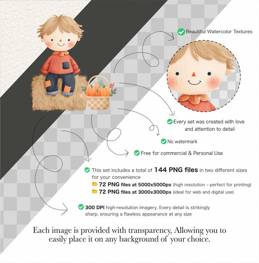 Watercolor Scarecrow Clipart Set: Fall Harvest Illustrations (PNG Files, Commercial Use)