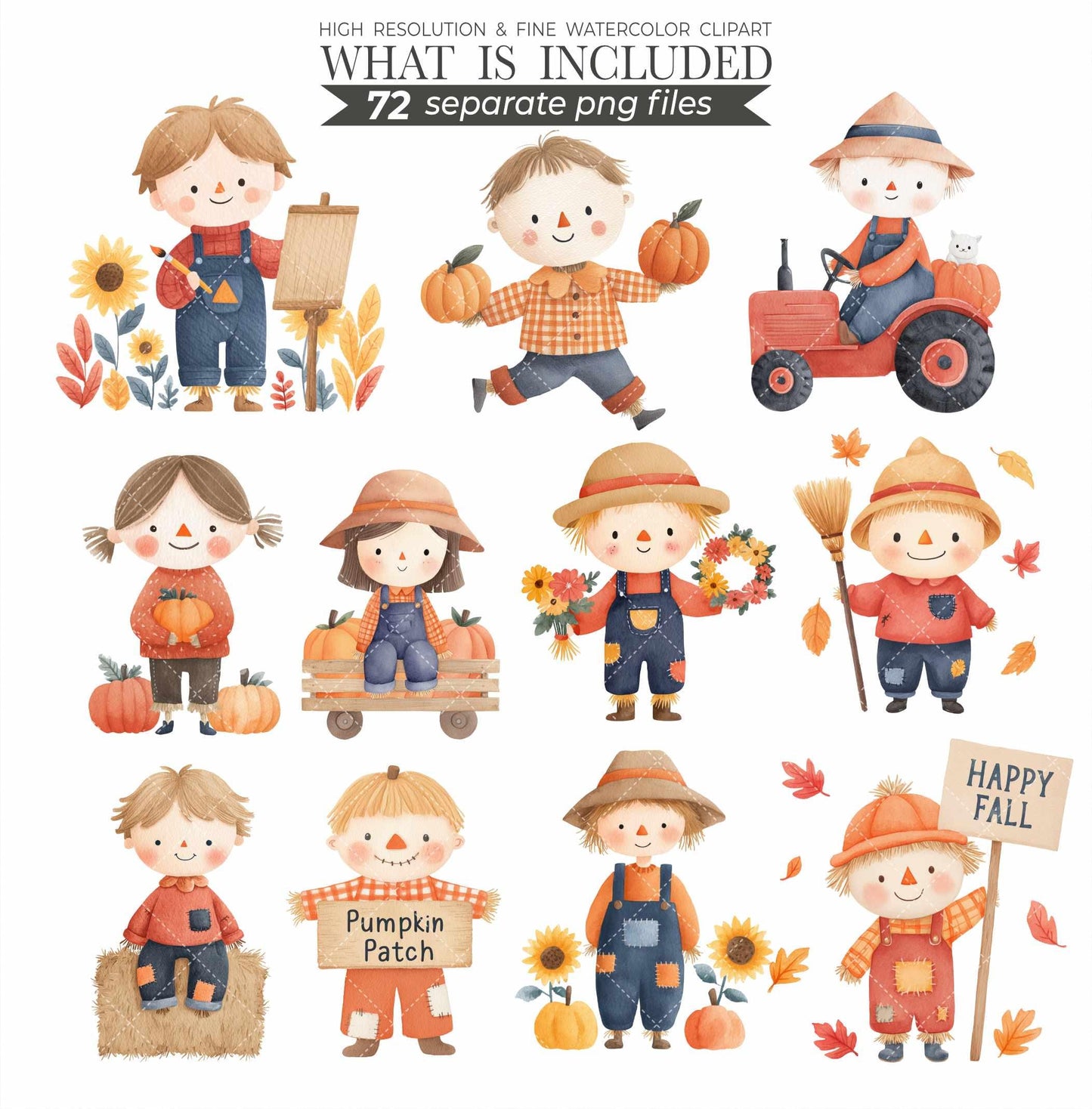 Watercolor Scarecrow Clipart Set: Fall Harvest Illustrations (PNG Files, Commercial Use)
