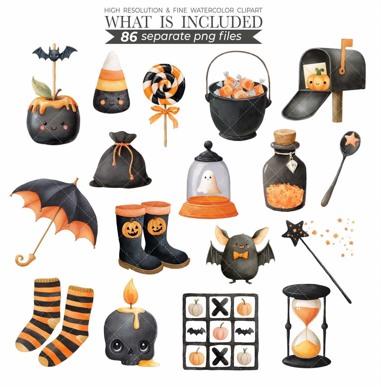 Cute Halloween Clipart Whimsical Watercolor Commercial Use Halloween Party Spooky Season Gothic Kids Skeletons Haunted House Sublimation PNG