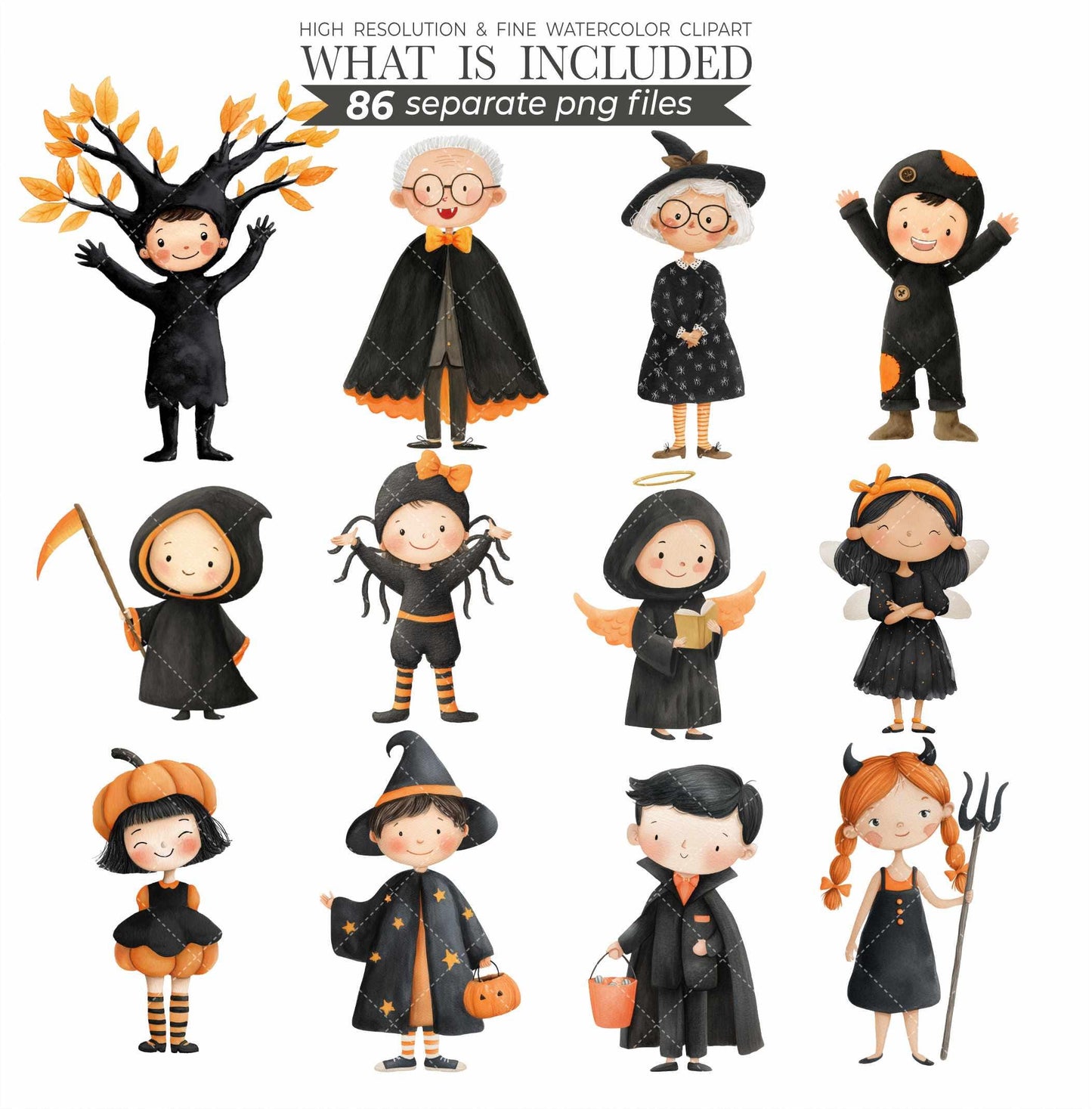 Cute Halloween Clipart Whimsical Watercolor Commercial Use Halloween Party Spooky Season Gothic Kids Skeletons Haunted House Sublimation PNG