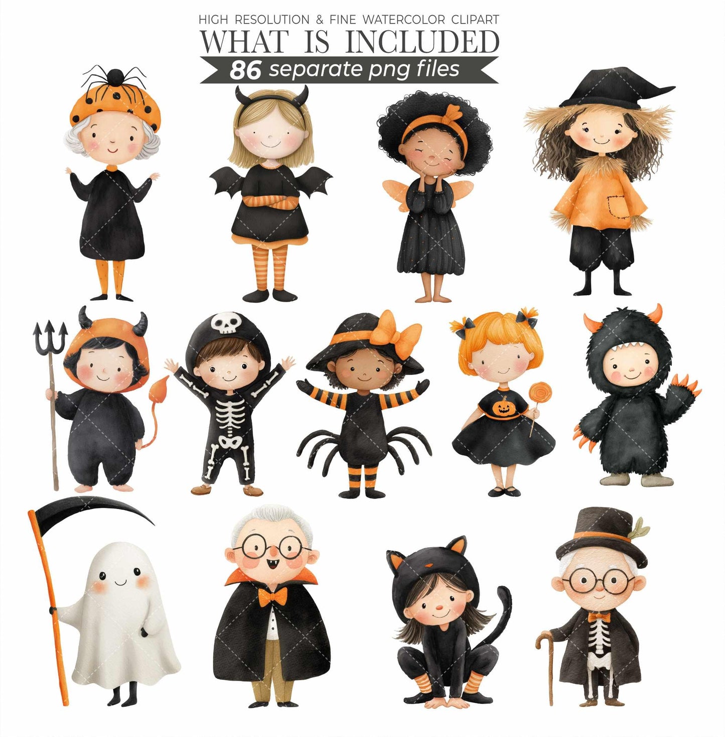 Cute Halloween Clipart Whimsical Watercolor Commercial Use Halloween Party Spooky Season Gothic Kids Skeletons Haunted House Sublimation PNG