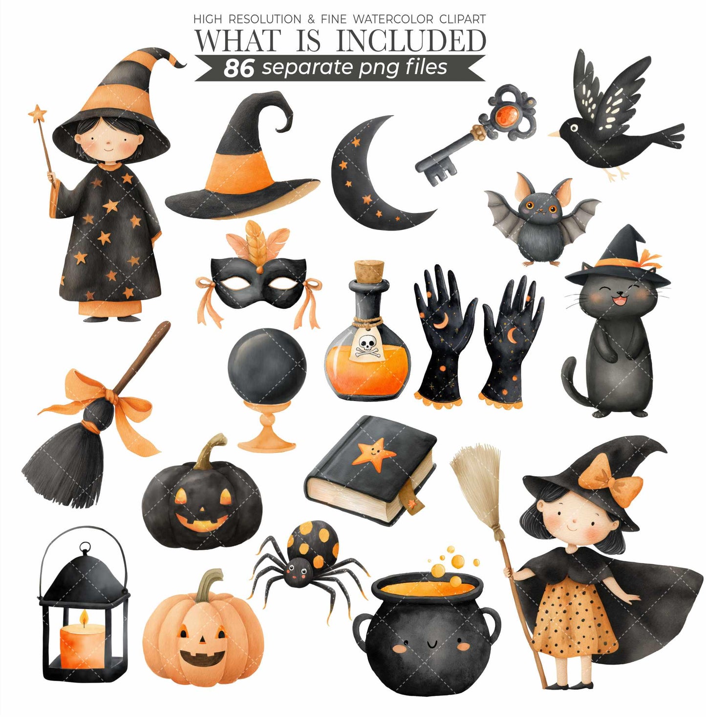 Cute Halloween Clipart Whimsical Watercolor Commercial Use Halloween Party Spooky Season Gothic Kids Skeletons Haunted House Sublimation PNG
