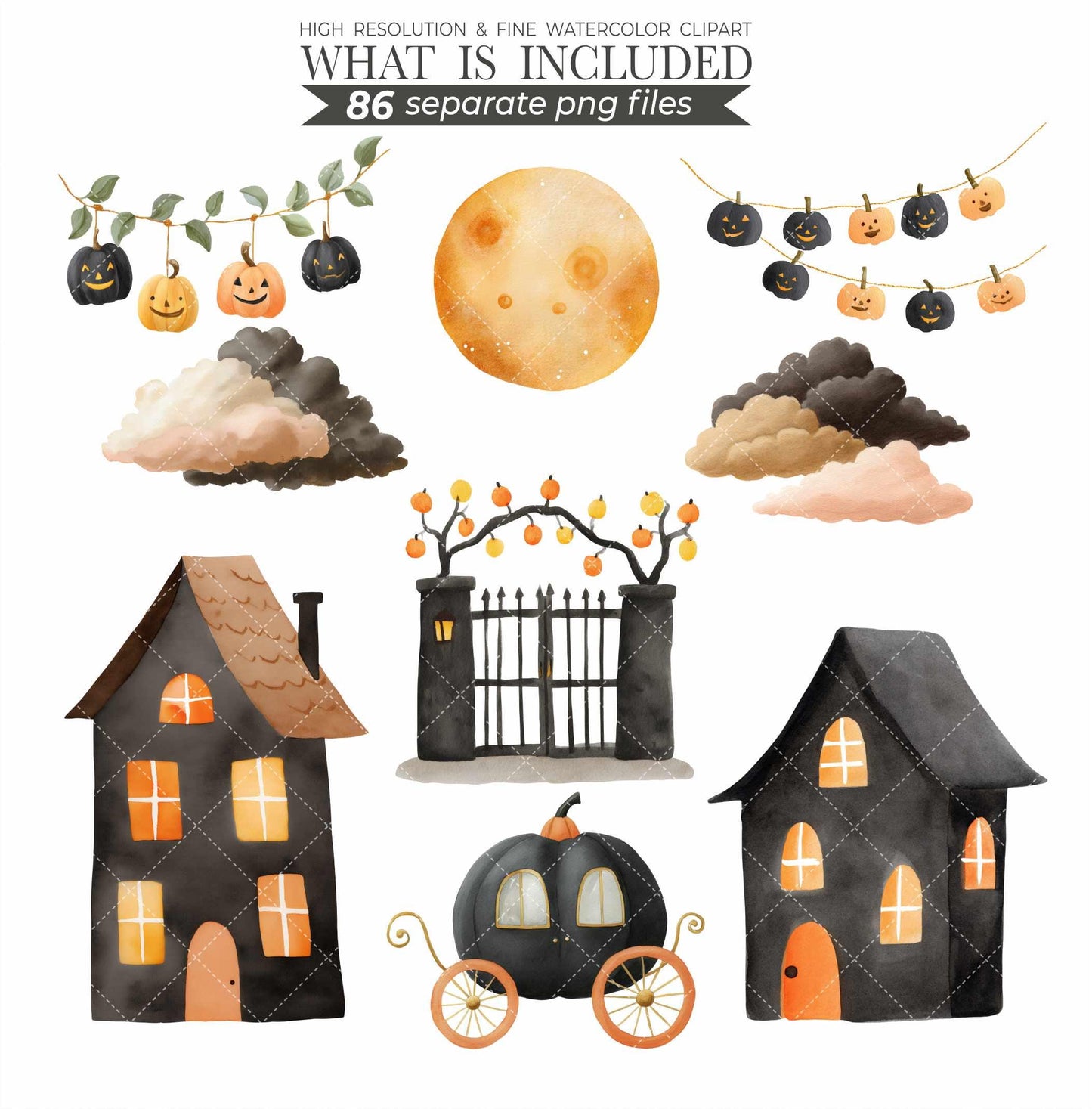 Cute Halloween Clipart Whimsical Watercolor Commercial Use Halloween Party Spooky Season Gothic Kids Skeletons Haunted House Sublimation PNG