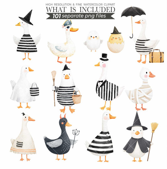 Watercolor Halloween Goose Clipart Set, Cute Spooky Geese PNG, Halloween Animals Clipart, Silly Goose Clipart, Whimsical Baby Shower Digital