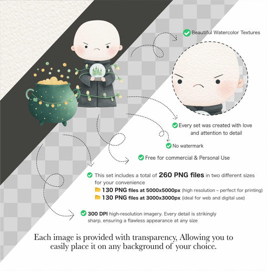 Watercolor Christmas Wizard School Clipart: New Year Nursery Decor (PNG Download)