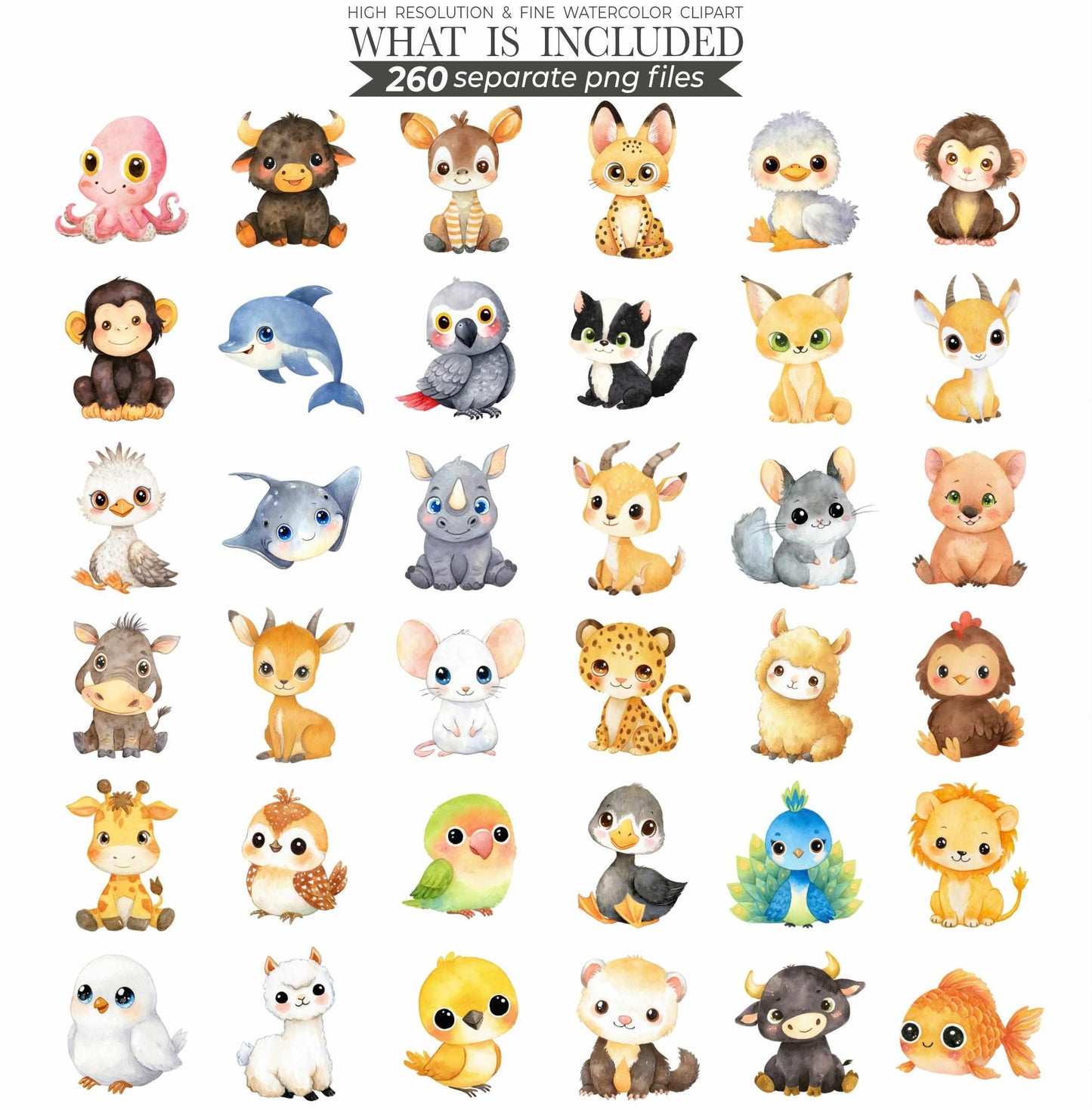 Watercolor Cute Animals Clipart 260 Cute Animal PNG Watercolor Animals Cute Animal Bundle Baby Animals Printable Animals Clipart Bundle