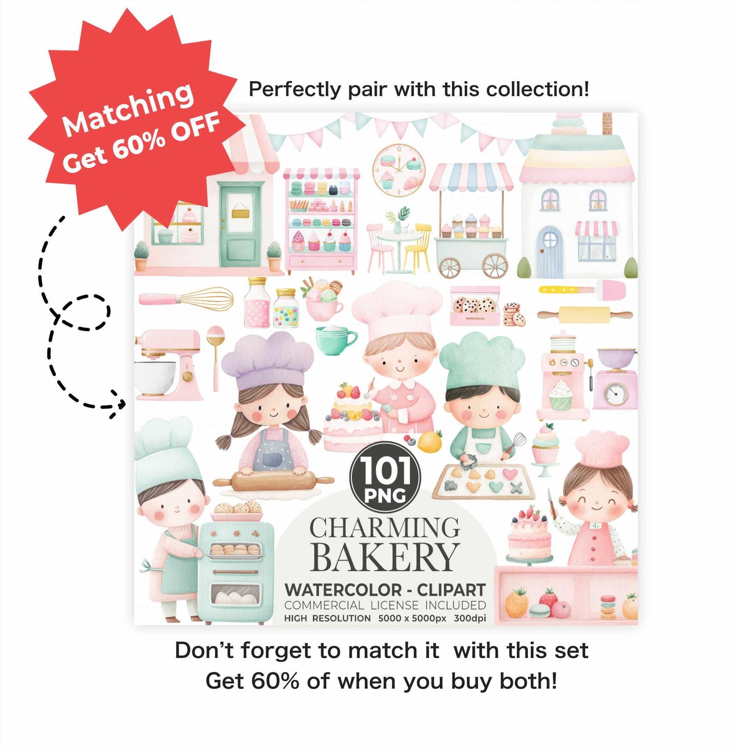 Watercolor Sweets Clipart Bundle: Pastel Candy, Cupcake, Ice Cream (PNG Files, Commercial Use)