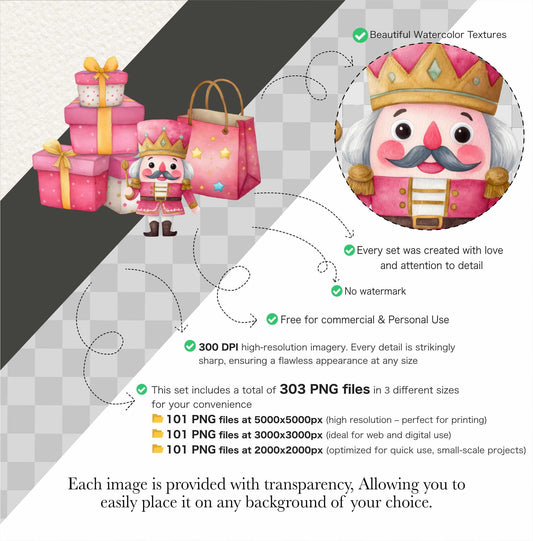 Pink Christmas Clipart: Watercolor Santa, Reindeer, Snowman (101 PNGs) (Commercial Use)