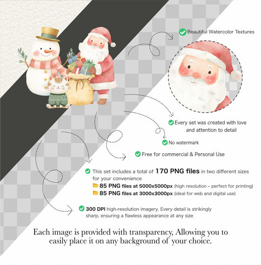 Christmas Clipart Bundle: Santa, Family, Pets Watercolor PNG (Commercial Use)