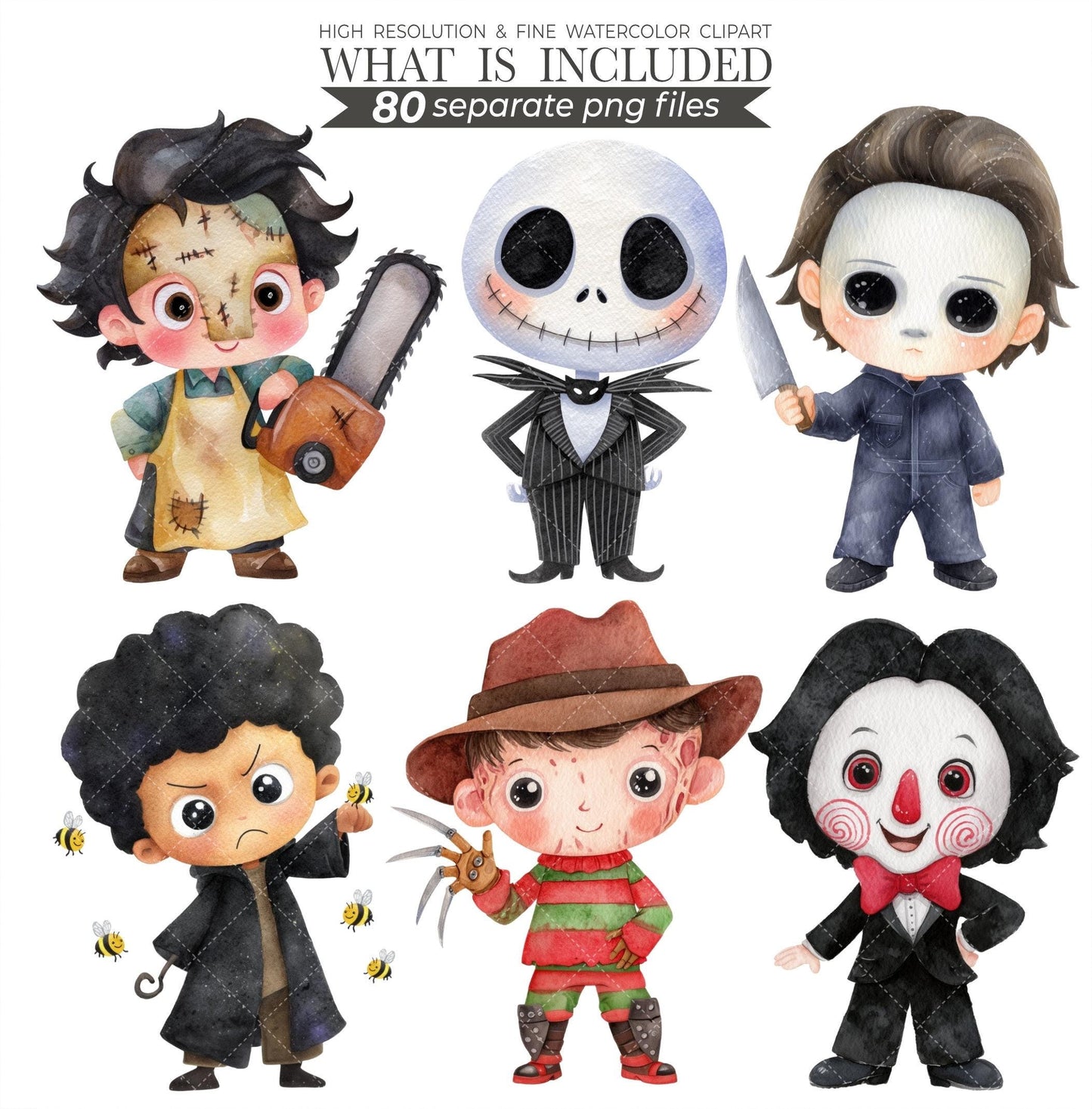 80 Chibi Horror Clipart PNG: Creepy Cute Villains, Dark Style, 300 DPI (Digital Download)