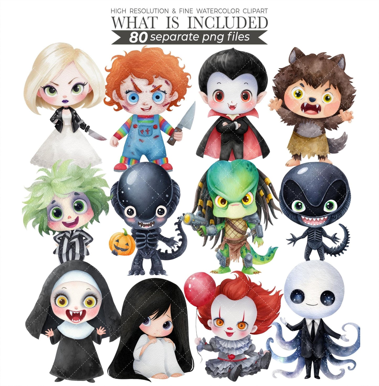 80 Chibi Horror Clipart PNG: Creepy Cute Villains, Dark Style, 300 DPI (Digital Download)