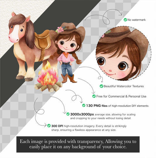 Watercolor Cowgirl Clipart Bundle: 130 PNG Designs (Digital Download)
