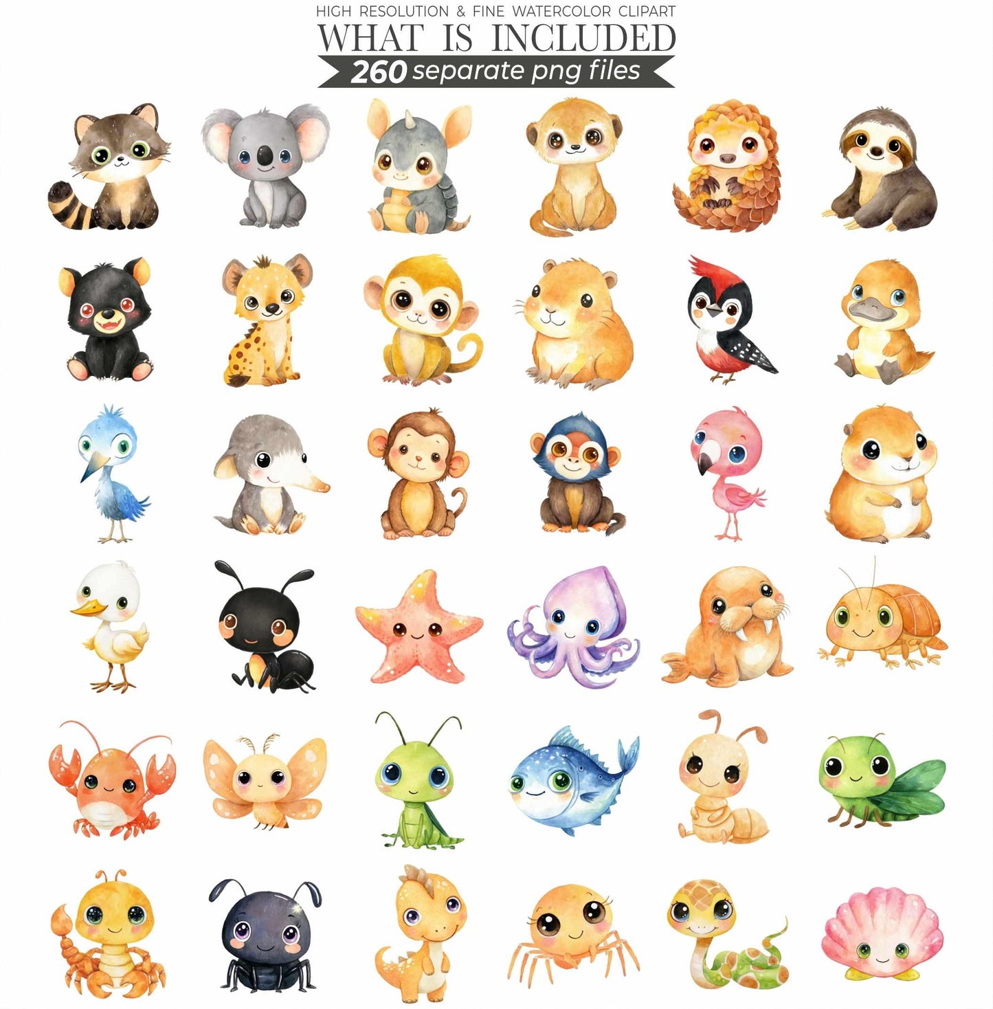 Watercolor Cute Animals Clipart 260 Cute Animal PNG Watercolor Animals Cute Animal Bundle Baby Animals Printable Animals Clipart Bundle