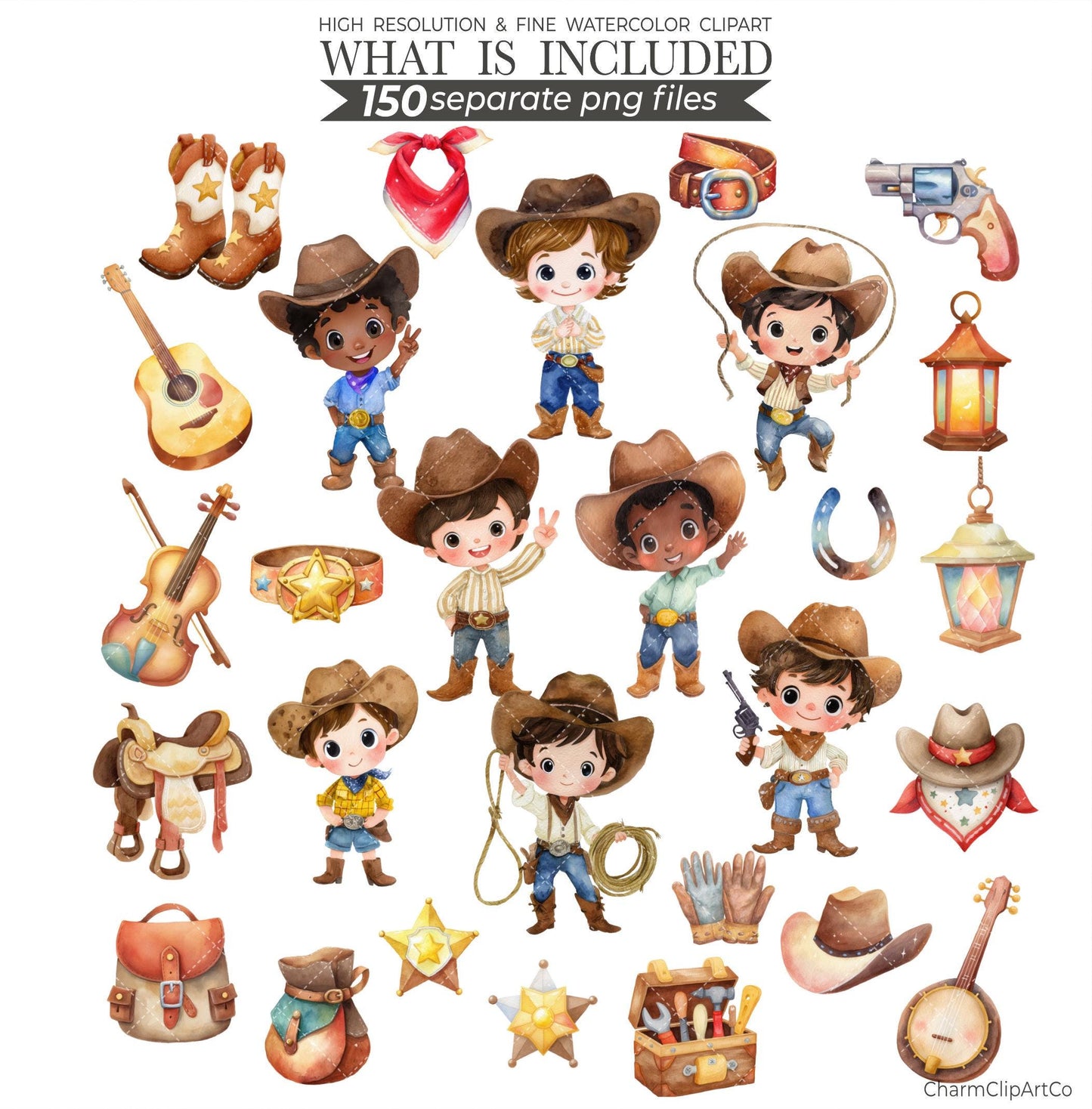 Watercolor Cowboy Clipart Bundle: 150 PNG Designs (Digital Download)