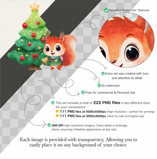 Watercolor Christmas Animals Clipart: Winter Woodland PNG Bundle (Digital Download)