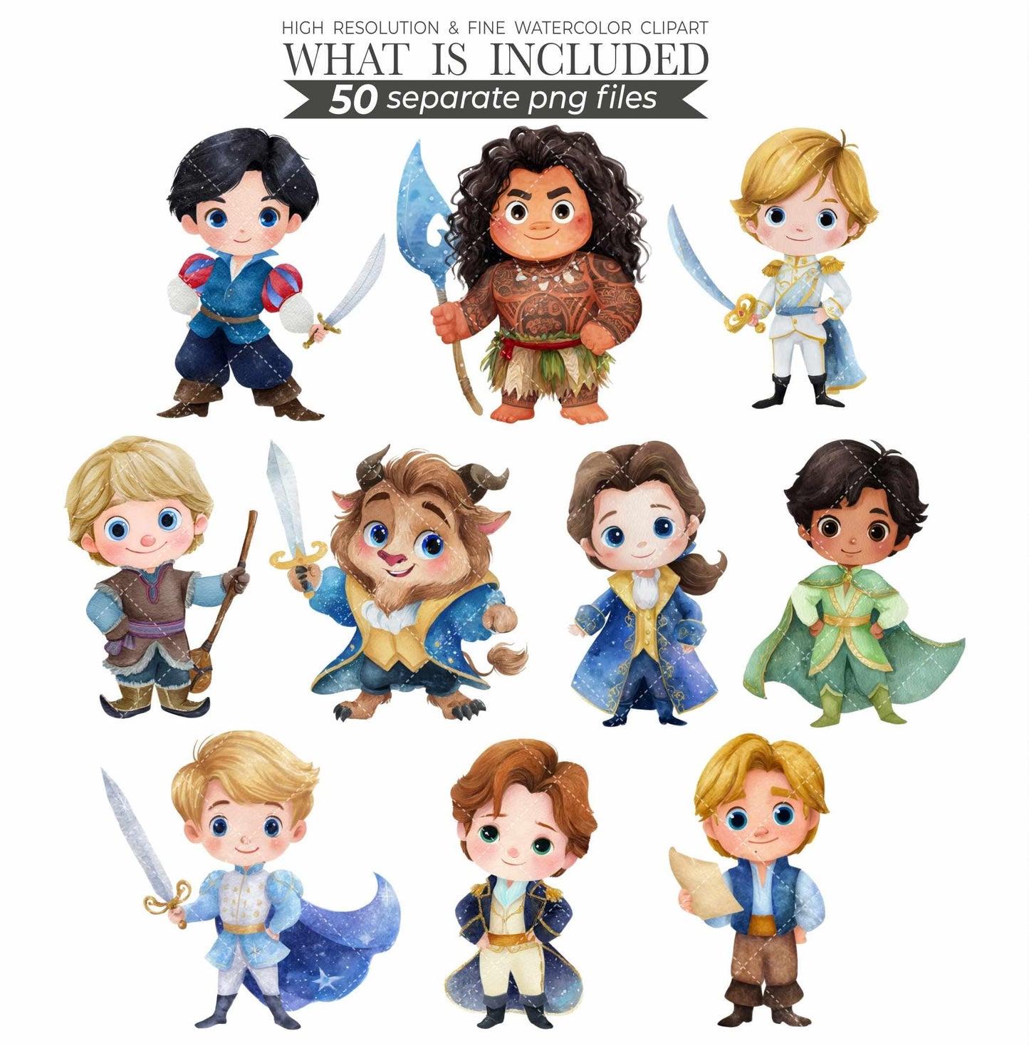 Watercolor Prince and Princess Clipart: Fairytale Baby Shower Decor (Digital Download, 150 PNGs)