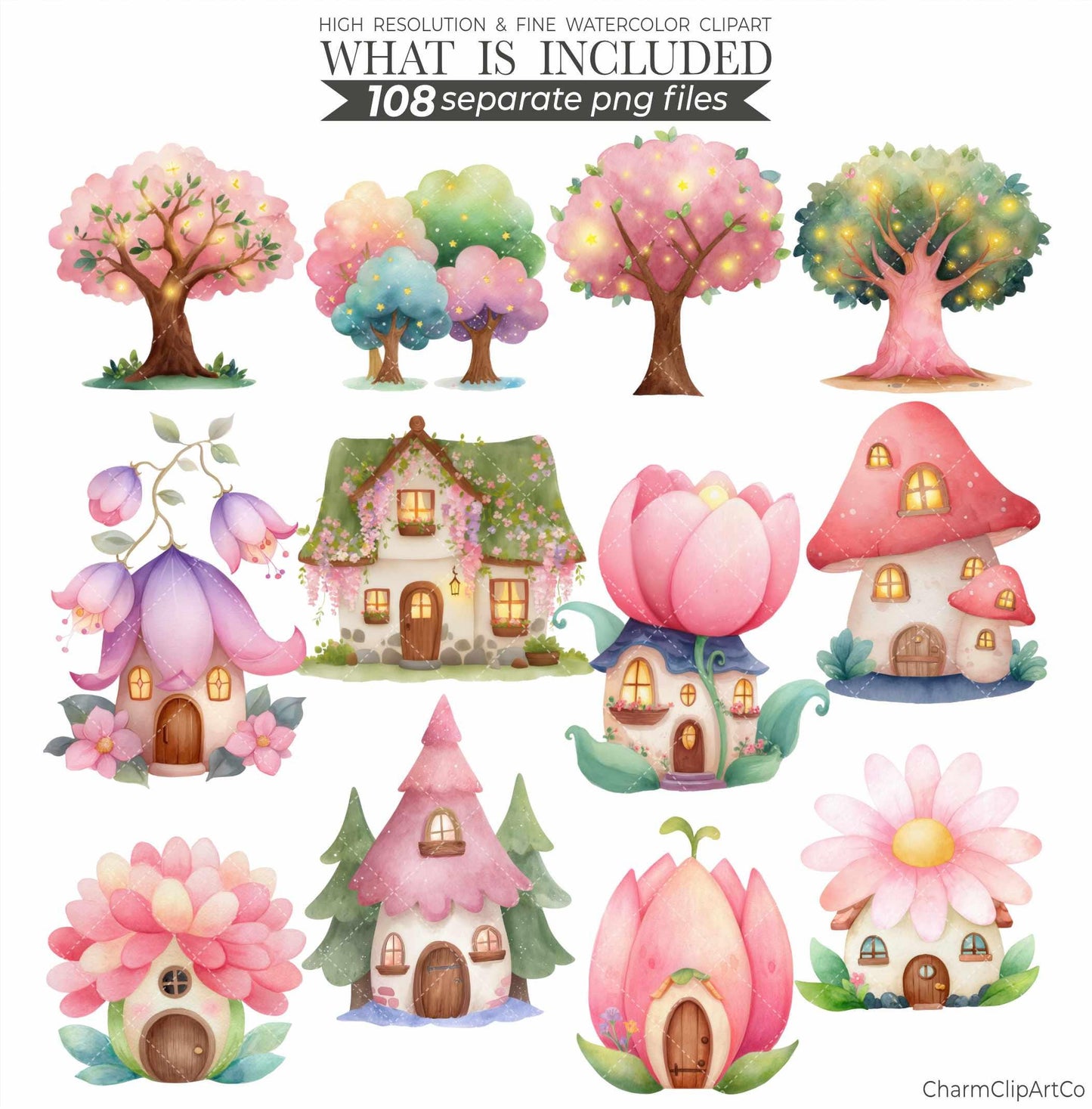 Watercolor Pink Fairy Clipart Bundle – Forest Garden PNG for Scrapbooking & Invitations