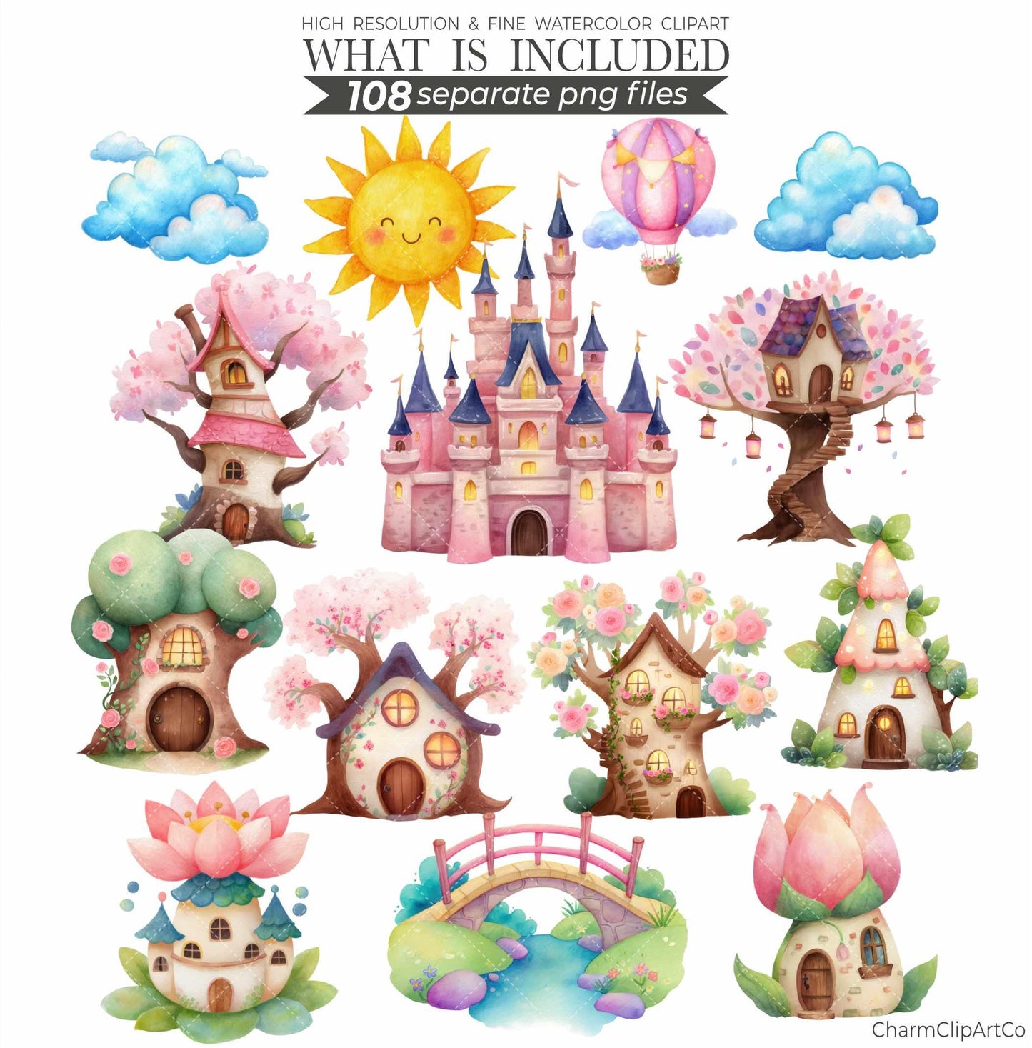 Watercolor Pink Fairy Clipart Bundle – Forest Garden PNG for Scrapbooking & Invitations