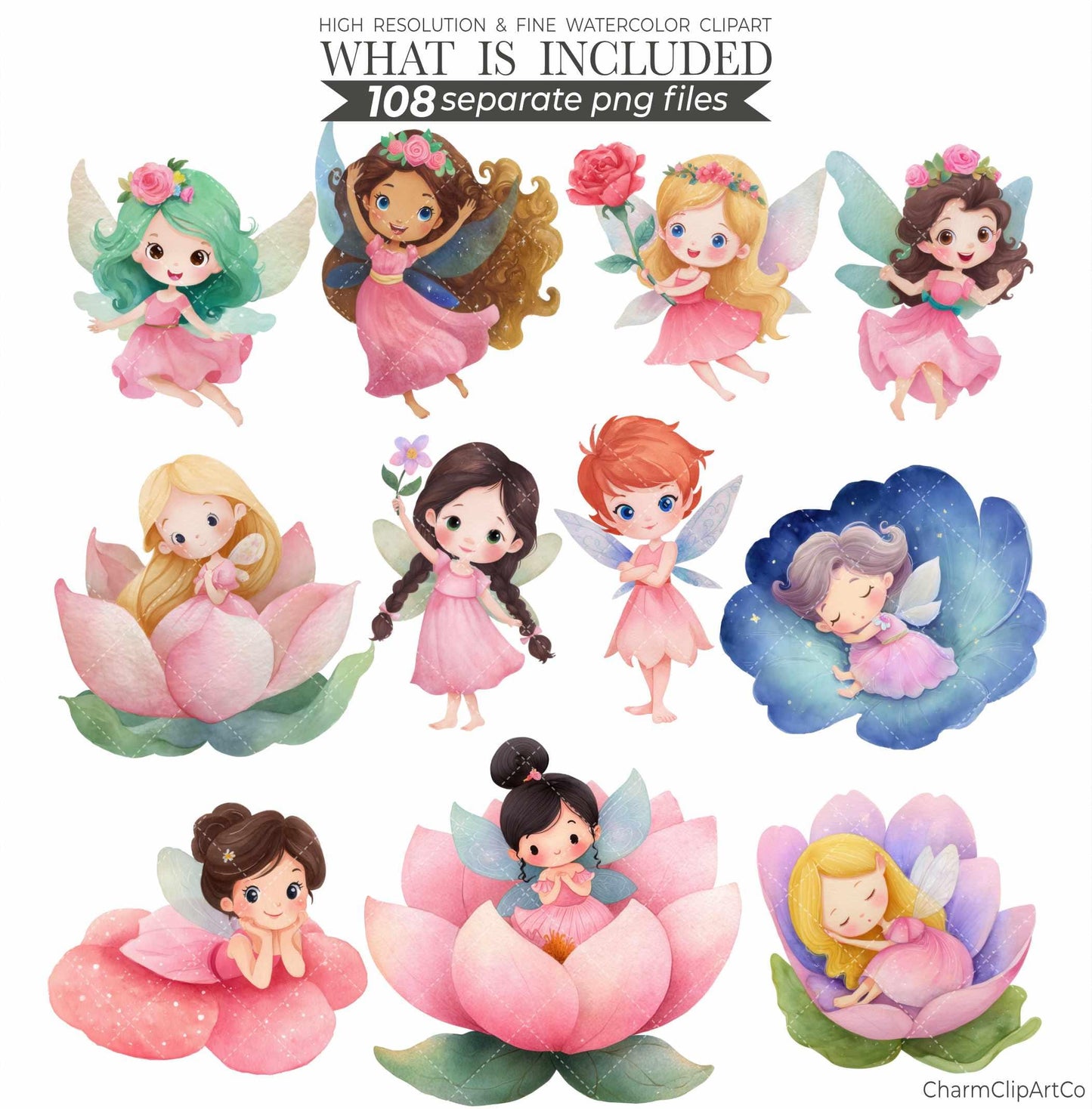Watercolor Pink Fairy Clipart Bundle – Forest Garden PNG for Scrapbooking & Invitations