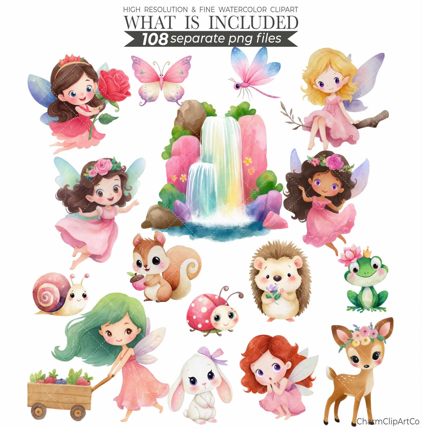 Watercolor Pink Fairy Clipart Bundle – Forest Garden PNG for Scrapbooking & Invitations