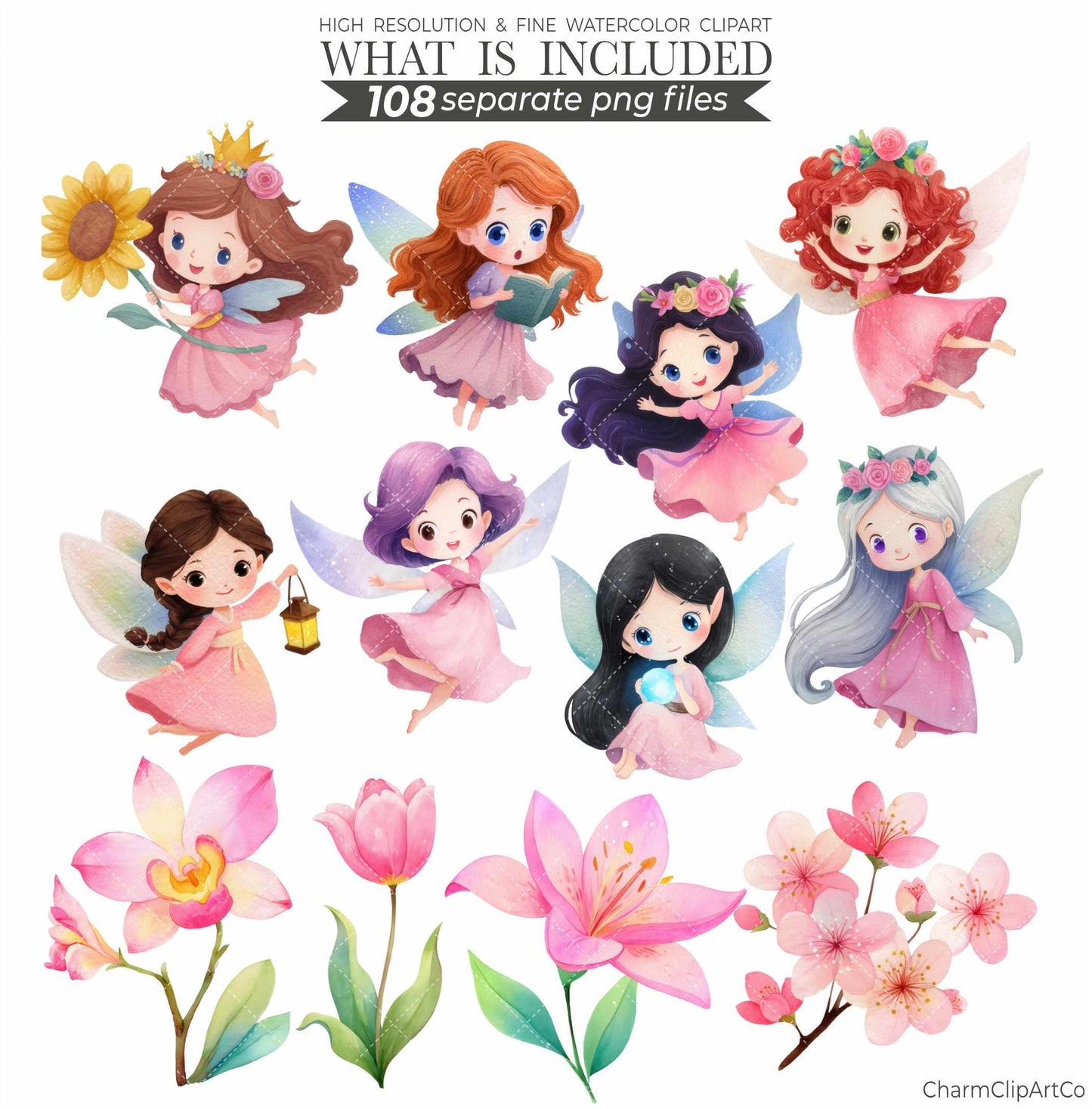 Watercolor Pink Fairy Clipart Bundle – Forest Garden PNG for Scrapbooking & Invitations