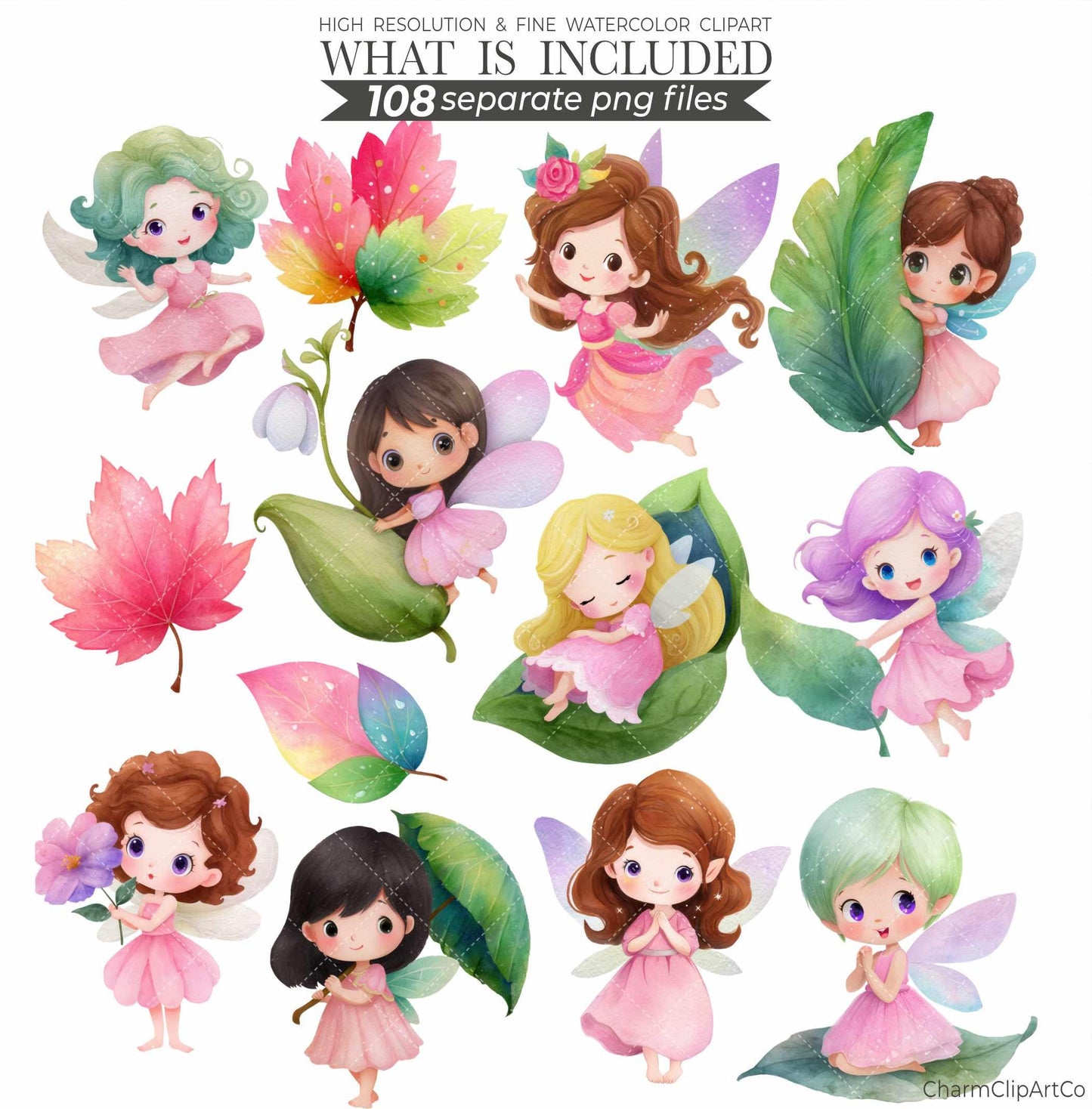 Watercolor Pink Fairy Clipart Bundle – Forest Garden PNG for Scrapbooking & Invitations