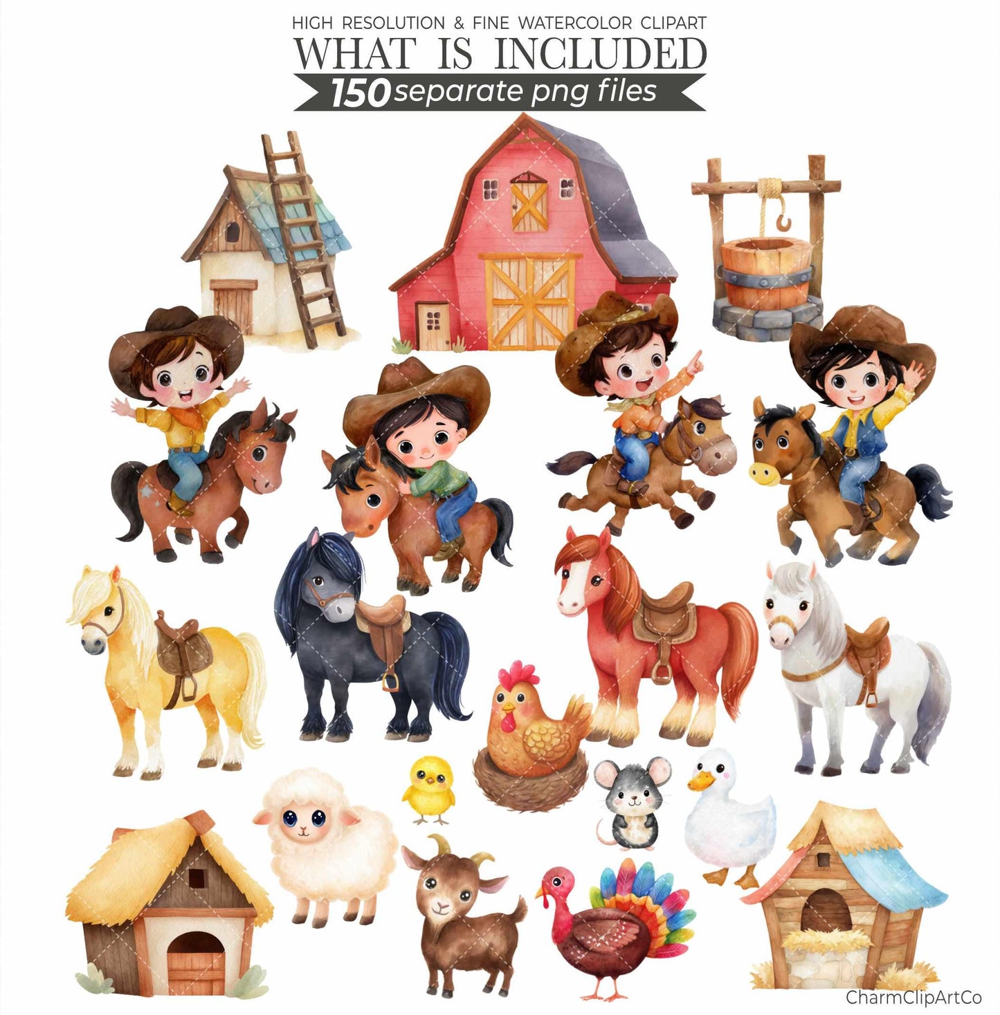 Watercolor Cowboy Clipart Bundle: 150 PNG Designs (Digital Download)