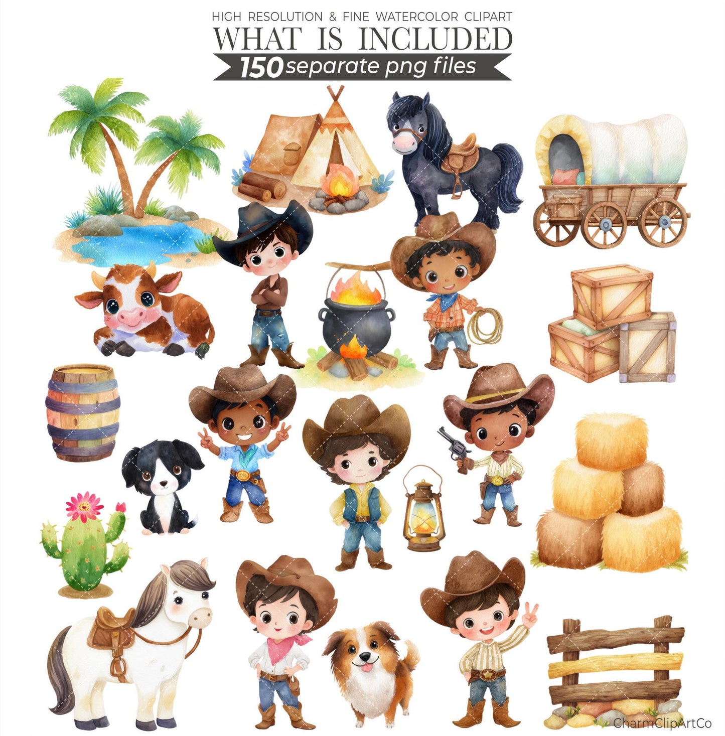 Watercolor Cowboy Clipart Bundle: 150 PNG Designs (Digital Download)