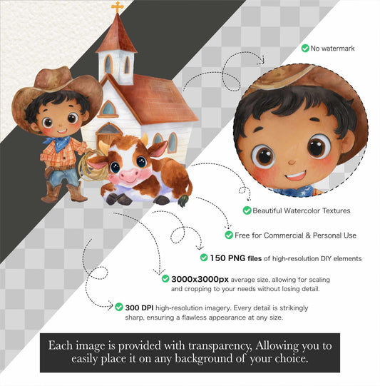 Watercolor Cowboy Clipart Bundle: 150 PNG Designs (Digital Download)