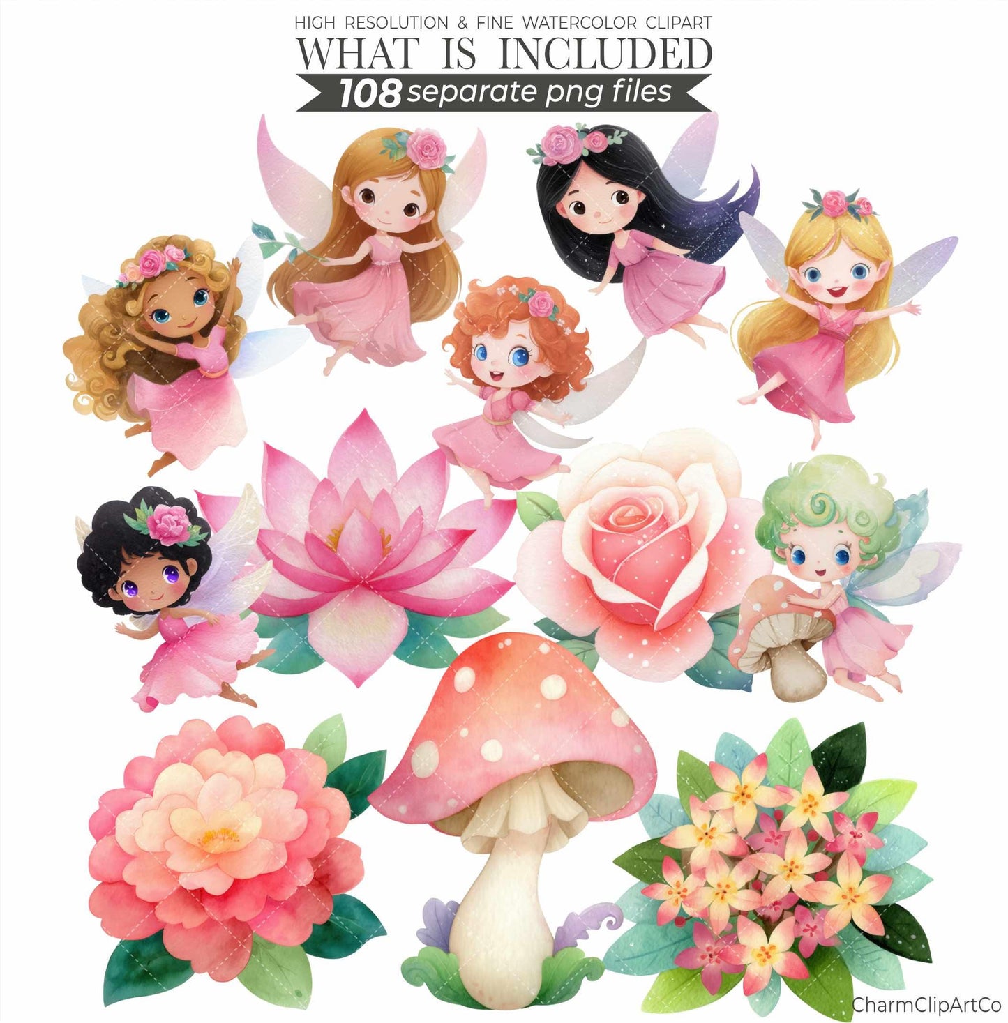 Watercolor Pink Fairy Clipart Bundle – Forest Garden PNG for Scrapbooking & Invitations
