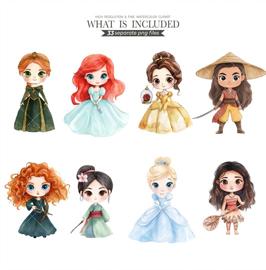 All Princess and Princes PNG Clipart Cute Chibi Bundle - Perfect for Princess Iron On or Baby Shower Decor and DIY Party Printables