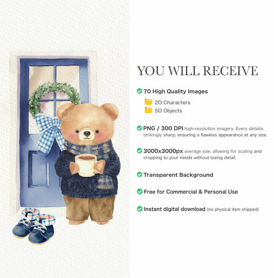 FROSTY COZY BEARS – BLUE PLAID WINTER WATERCOLOR TEDDY CLIPART (70 PNGs